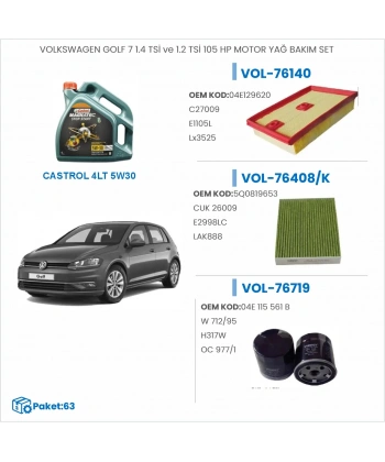 VOLKSWAGEN GOLF 7 1.4 TSİ ve 1.2 TSİ 105 HP MOTOR YAĞ BAKIM SETİ