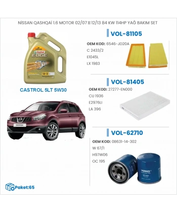 NİSSAN QASHQAİ 1.6 MOTOR 02/07 → 12/13 84 KW 114HP YAĞ BAKIM SETİ