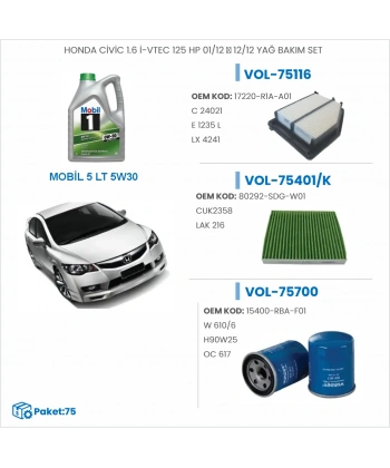 HONDA CİVİC 1.6 İ-VTEC 125 HP 01/12 → 12/12 YAĞ BAKIM SETİ