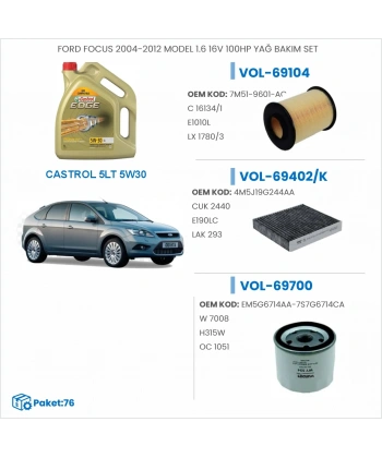 FORD FOCUS 2004-2012 MODEL 1.6 16V 100HP YAĞ BAKIM SETİ