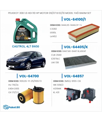 PEUGEOT 308 1.6 HDI 110 HP MOTOR 09/07 → 02/10 MODEL YAĞ BAKIM SETİ