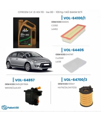CITROEN C4 1.6 HDi 110 - kw 80 - 109 hp YAĞ BAKIM SETİ