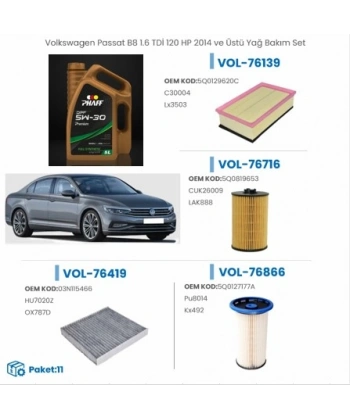 Volkswagen Passat B8 1.6 TDİ 120 HP 2014 ve Üstü Yağ Bakım Seti
