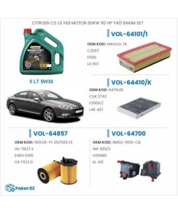 CİTROEN C5 1.6 HDİ MOTOR 80KW 110 HP YAĞ BAKIM SETİ