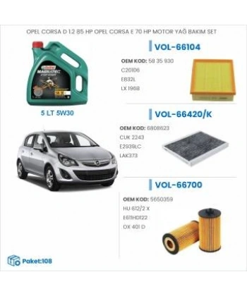 OPEL CORSA D 1.2 85 HP OPEL CORSA E 70 HP MOTOR YAĞ BAKIM SETİ