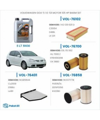 VOLKSWAGEN GOLF 5 1.6 TDİ MOTOR 105 HP BAKIM SETİ