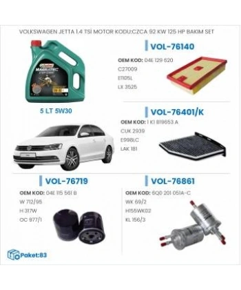 VOLKSWAGEN JETTA 1.4 TSİ MOTOR KODU:CZCA 92 KW 125 HP BAKIM SETİ