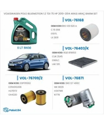 VOLKSWAGEN POLO BLUEMOTION 1.2 TDI 75 HP 2010-2014 ARASI ARAÇ BAKIM SETİ