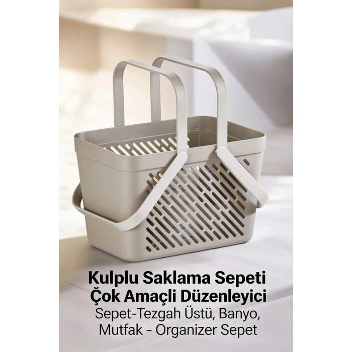 1li Gri Çok Amaçlı Kulplu Sepet Mutfak Banyo Organizer Taşıma Sepeti