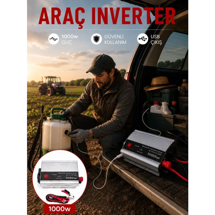 1000W Güç İnverteri Araç Aküsünden Priz Çıkışı Sağlayan Çevirici