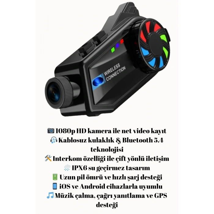 1080P Video Kayıt Özellikli, Su Geçirmez ve Bluetooth 5.4 Motorcu Interkom Kulaklığı