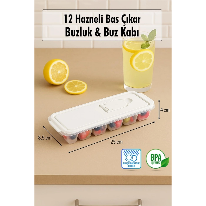 12 Hazneli Bas Çıkar Buzluk & Buz Kabı Mavi