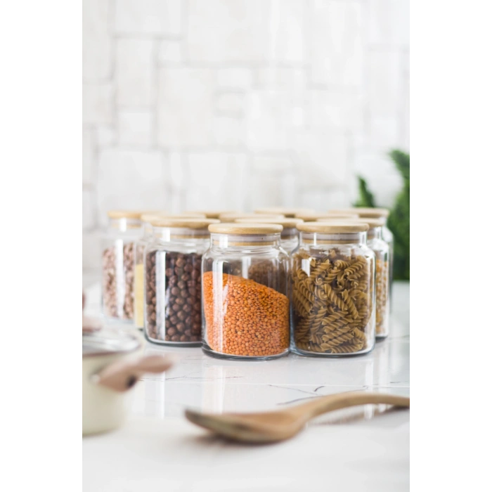 12 Lü Set Bambu Kapaklı Cam Kavanoz & Erzak Saklama Kabı 800 ml Orta  Boy ( Vakum Kapak )