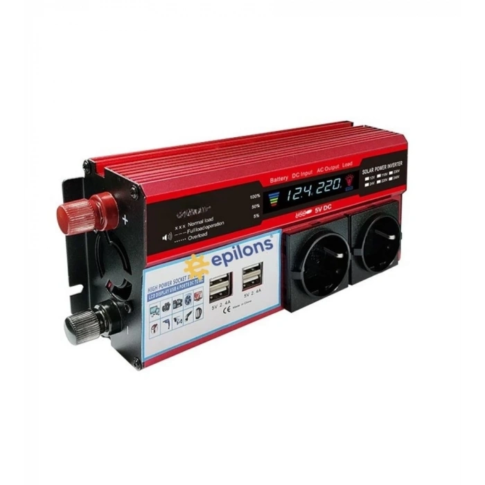 12V 2000W Modifiye Sinus İnverter Araç ve Güneş Enerjisi Uyumlu, Çift USB, Çift Priz ve Çakmaklık