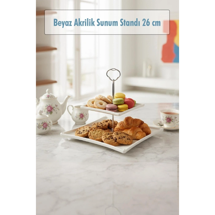 2 Katlı Beyaz Akrilik Meyvelik & Kurabiyelik & Sunum Standı - 26 cm