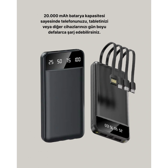 20.000 mAh 4 Çıkışlı LED Göstergeli Hızlı Şarj Powerbank