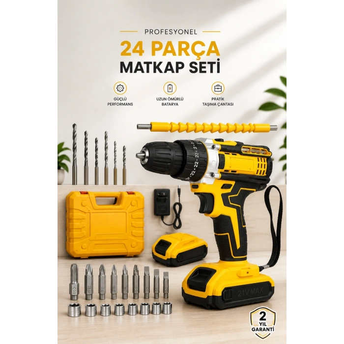 24 Parça Çift Bataryalı Şarjlı Matkap Seti 24W Motor ve Otomatik Mil Kilitli Tasarım