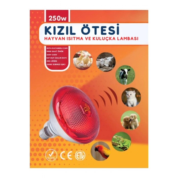 250W Kızılötesi (infrared) Isıtıcılı Hayvan Isıtma ve Kuluçka Lambası (Kırmızı Işık) E27 (Kalın Duy)