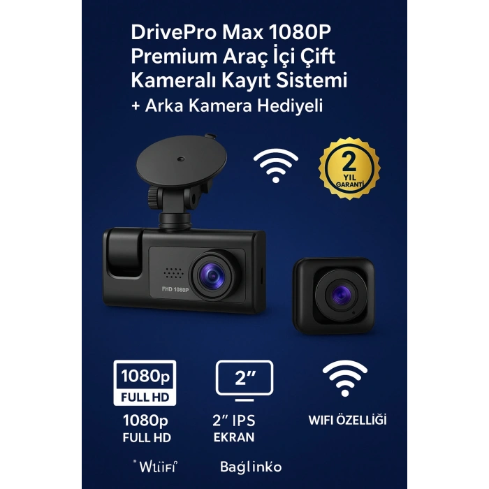 3 Kameralı 1080p Araç İçi Kamera LCD Ekranlı Geri Görüş Destekli Gece Görüşlü G Sensörlü