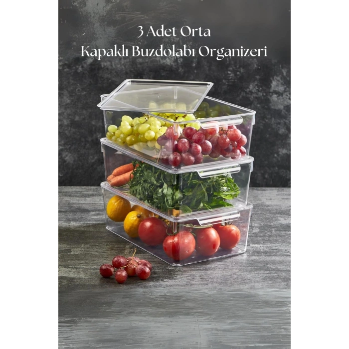 3 Lü Kapaklı Buzdolabı Organizeri & Buzdolabı Düzenleyici 4,5 lt