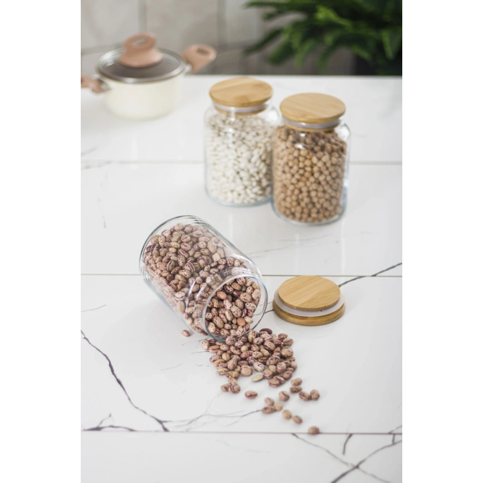 3 Lü Set Bambu Kapaklı Cam Kavanoz & Erzak Saklama Kabı 800 ml Orta  Boy ( Vakum Kapak )