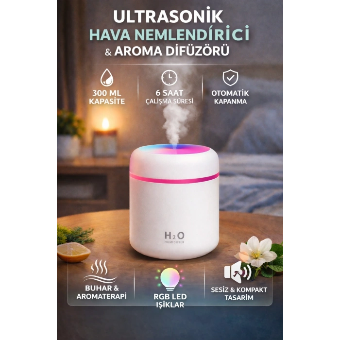 300 ML Ultrasonik LED Işıklı Hava Nemlendirici Aroma Difüzörü