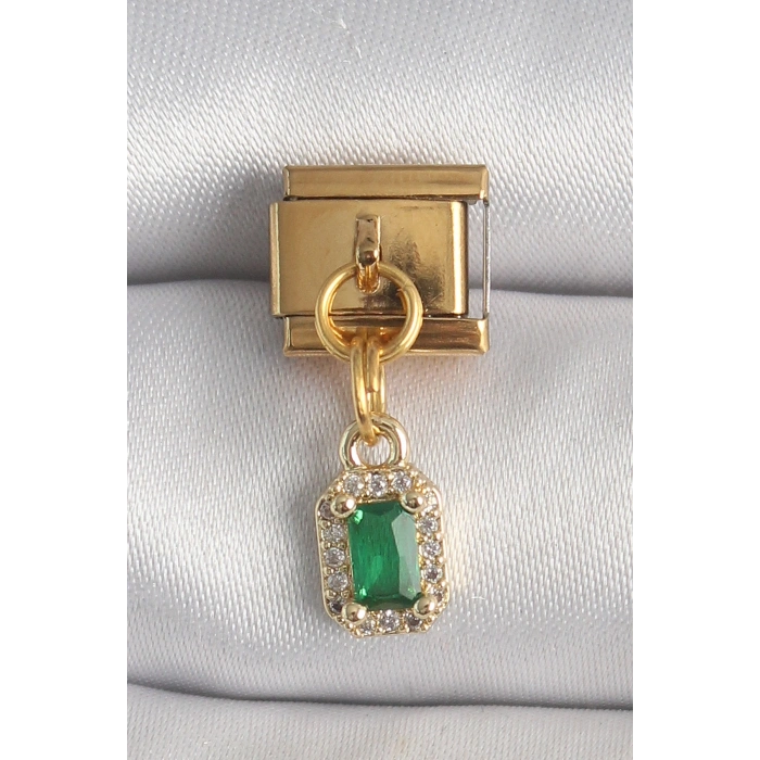 316L Çelik Gold Renk Sallantı Kare Yeşil Zirkon Taşlı Nomination Charm