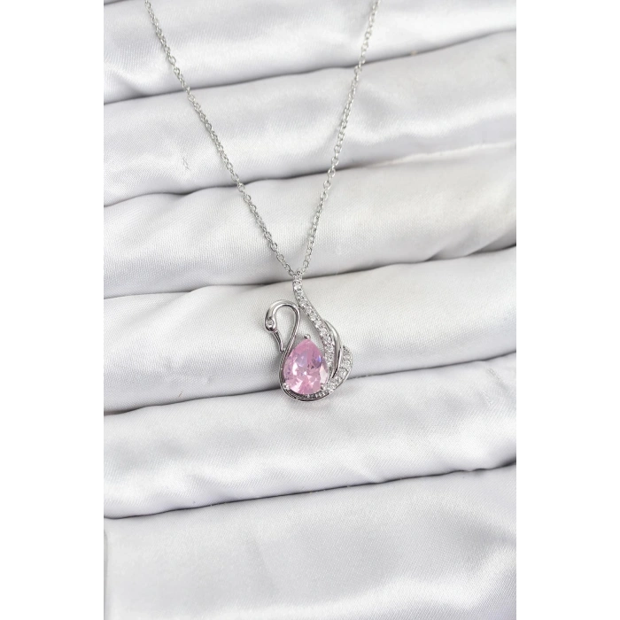 316L Çelik Zincir Gümüş Renk Pembe Kuğu Model Zirkon Taşlı Kadın Kolye