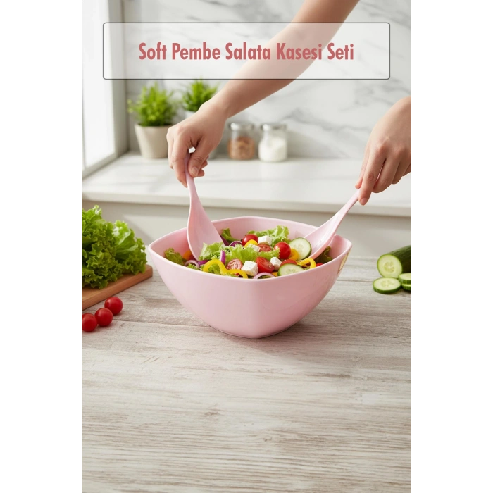3,5 Lt Soft Pembe Akrilik Kare Salata ve Servis Kasesi Seti – 3 Parça