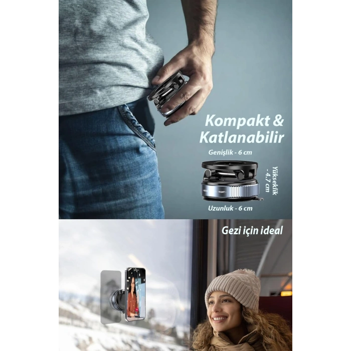 360 derece dönebilen, MagSafe uyumlu vakumlu telefon tutuculu sehpa. Siyah renklidir.
