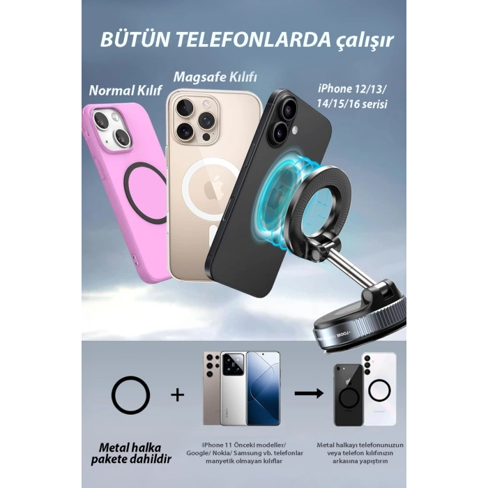 360 derece dönebilen, MagSafe uyumlu vakumlu telefon tutuculu sehpa. Siyah renklidir.