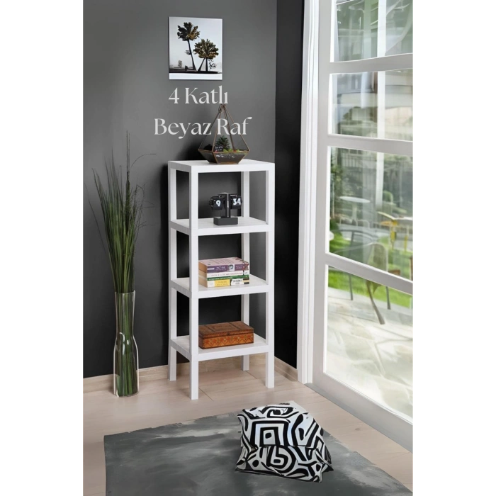 4 Katlı Beyaz Raf Kitaplık & Banyo Düzenleyicisi 100 cm-BRNS0047