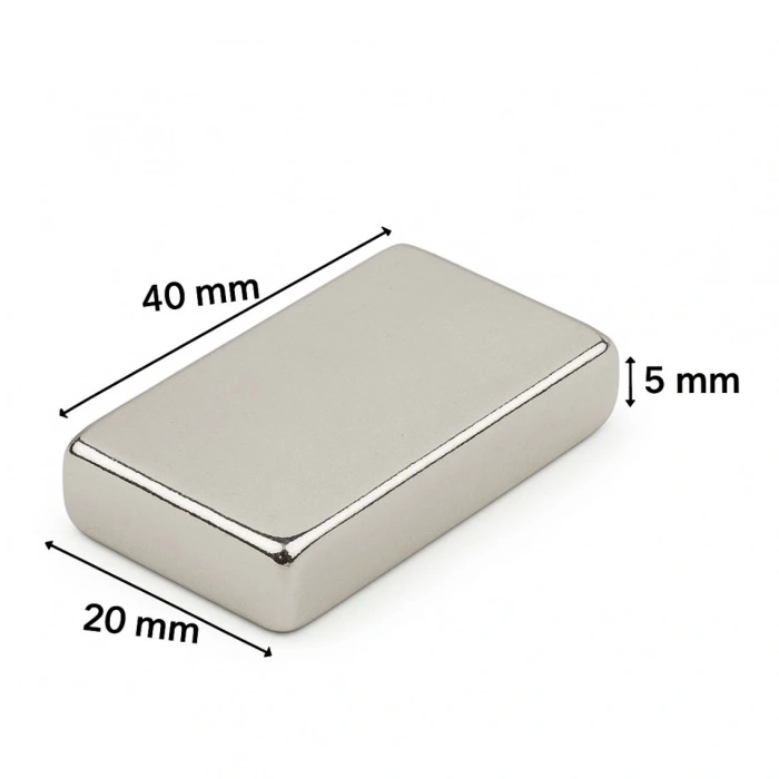5li Set: N35 Sınıfı 40x20x5 mm Köşeli Neodyum Mıknatıs (Nikel Kaplama)