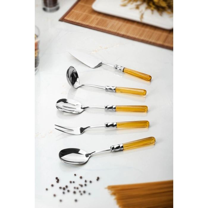 5 Parça Platin Servis Seti & Servis Sunum Seti Amber ( Kepçe / Kevgir / Sıpatula / Çatal / Kaşık )
