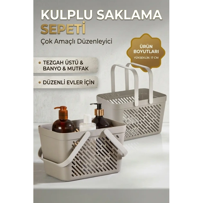 6lı Gri Çok Amaçlı Organizer Sepet Kulplu Mutfak Banyo Saklama Seti