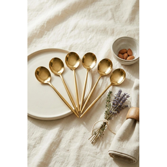 6lı Lüks Gold Paslanmaz Çelik Tatlı Kaşığı Seti (16 cm)