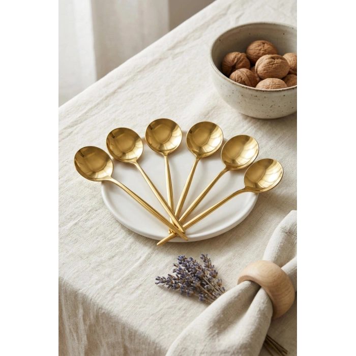6lı Lüks Gold Paslanmaz Çelik Tatlı Kaşığı Seti (16 cm)