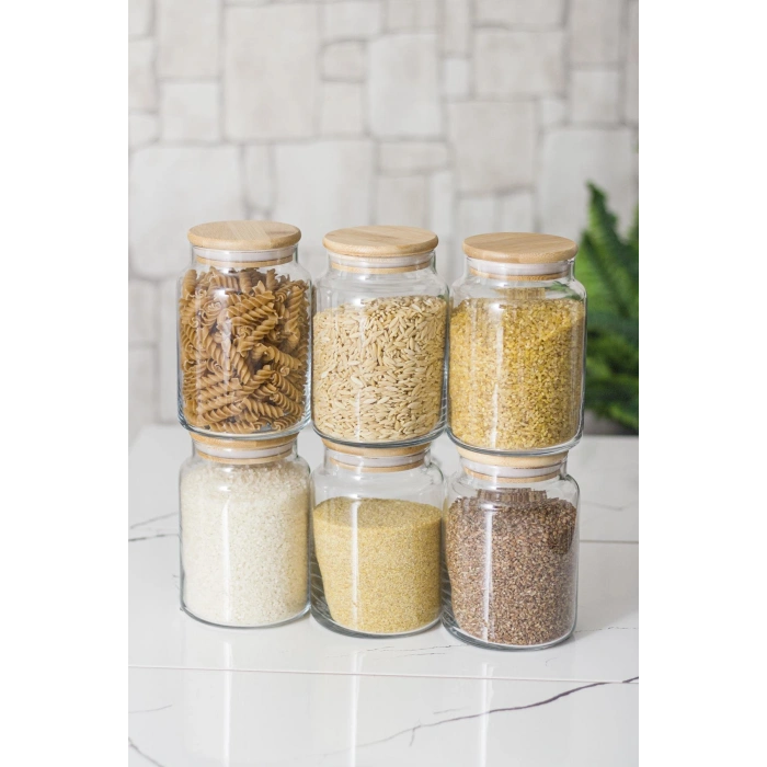 6 Lı Set Bambu Kapaklı Cam Kavanoz & Erzak Saklama Kabı 800 ml Orta  Boy ( Vakum Kapak )
