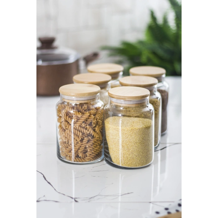 6 Lı Set Bambu Kapaklı Cam Kavanoz & Erzak Saklama Kabı 800 ml Orta  Boy ( Vakum Kapak )