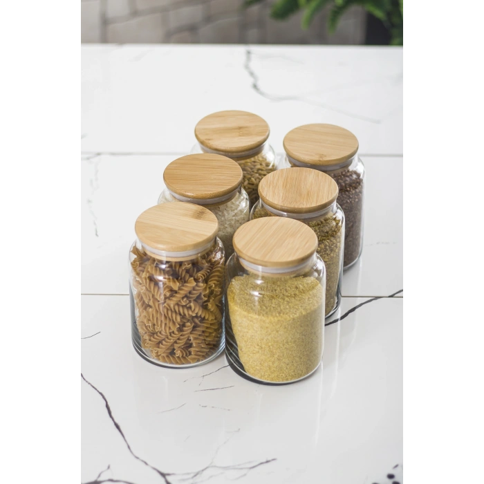 6 Lı Set Bambu Kapaklı Cam Kavanoz & Erzak Saklama Kabı 800 ml Orta  Boy ( Vakum Kapak )
