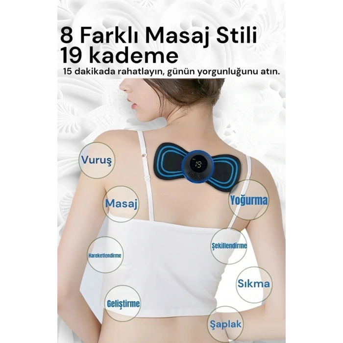 8 Modlu Mini Şarjlı Kelebek LCD Ekran Ems Boyun Omuz Kol Sırt Elektrikli Masaj Bantı Kas Stimülatörü