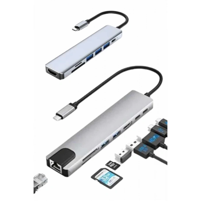 8 Port Çoklayıcı Macbook Ile Uyumlu Çoğaltıcı Type-C dönüştürücü TF SD kart