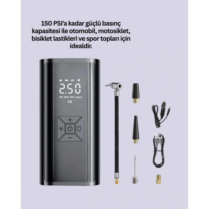 80W Kablosuz Dijital Ekranlı Taşınabilir Lastik Şişirme Pompası