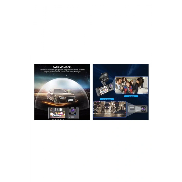 Akıllı Full HD 3 Kameralı Araç İçi Güvenlik Kamerası Ön-Arka-İç Kayıt, Park Modu