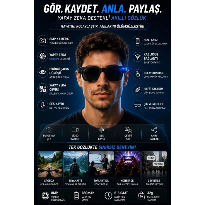 Akıllı Gözlük Kameralı Mikrofonlu Hızlı Şarj Yapay Zeka Akıllı Çeviri 8MP Bluetooth