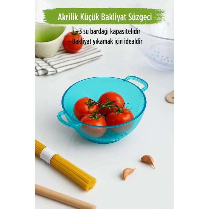 Akrilik Aquamarin Mini Pirinç Süzgeçi & Bakliyat Süzgeçi (3 SU BARDAĞI ÖLÇÜLÜ)