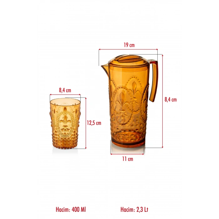 Akrilik Bal Sürahi 2,3 lt Ve 6lı Su Meşrubat Kahve Yanı Bardağı 400 ml Seti ( Cam Değildir )