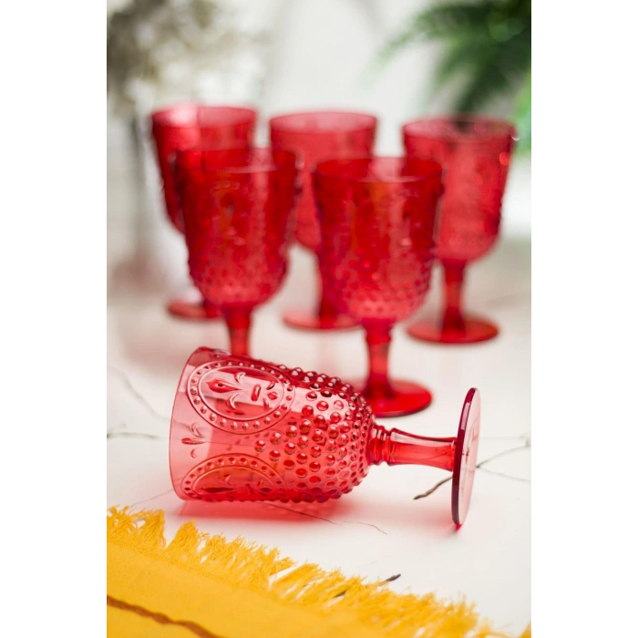 Akrilik Kırmızı 6lı Kadeh & Su Meşrubat Kahve Yanı Bardağı 450 ml ( Cam Değildir )
