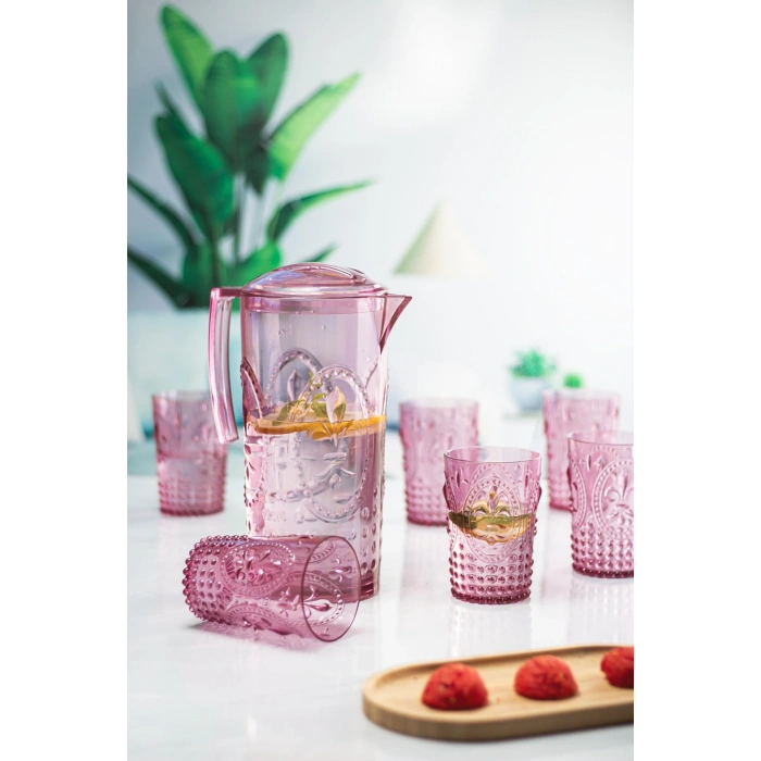Akrilik Mürdüm Sürahi 2,3 lt Ve 6lı & Su Meşrubat Kahve Yanı Bardağı 400 ml Seti ( Cam Değildir )