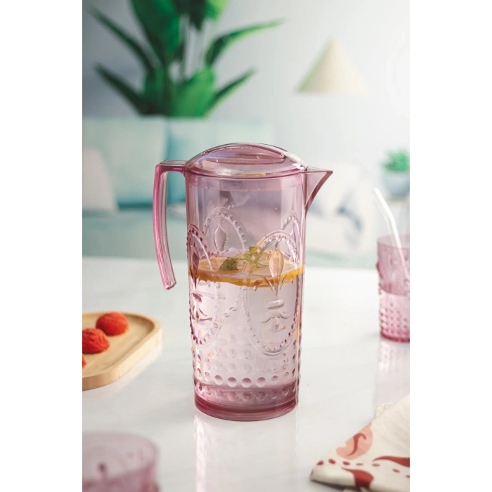 Akrilik Mürdüm Sürahi 2,3 lt Ve 6lı & Su Meşrubat Kahve Yanı Bardağı 400 ml Seti ( Cam Değildir )